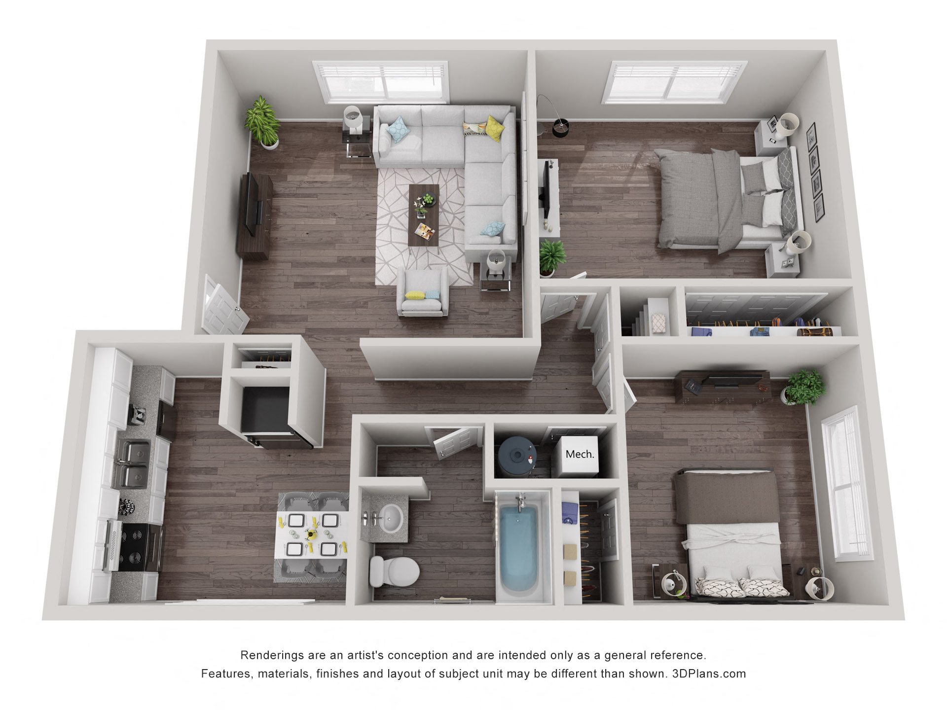 Floor plan for 2 beds, 1 bath, 820 sqft